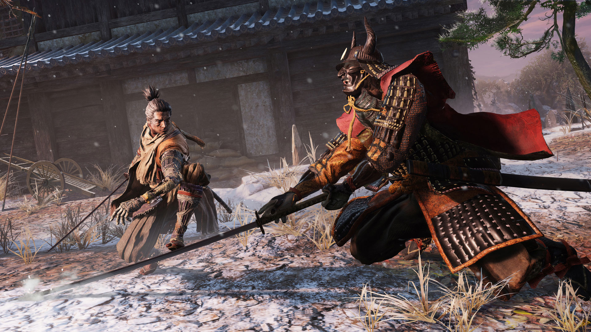 Screenshot from Sekiro that shows the protagonist Wolf countering a samurai enemy by standing on his sword